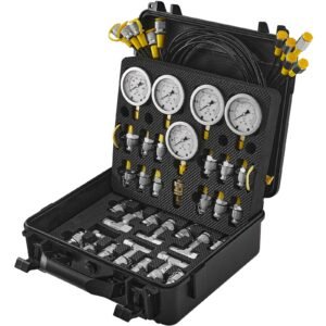 hydraulic pressure test kit, 10/100/250/400/600bar, 5 gauges 13 couplings 14 tee connectors 5 test hoses, excavator hydraulic test gauge set with carrying case for excavator tractors machinery