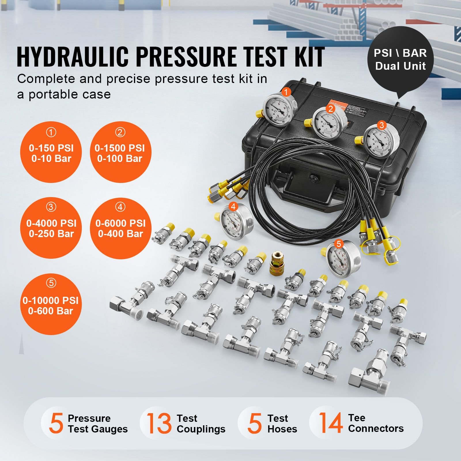 hydraulic pressure test kit, 10/100/250/400/600bar, 5 gauges 13 couplings 14 tee connectors 5 test hoses, excavator hydraulic test gauge set with carrying case for excavator tractors machinery