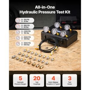 hydraulic pressure test kit, 150/900/2300/6000/9000 psi (10/60/160/400/600 bar), hydraulic gauge kit 5 gauges 20 couplings 4 quick release couplers 3 hoses for excavator construction machinery