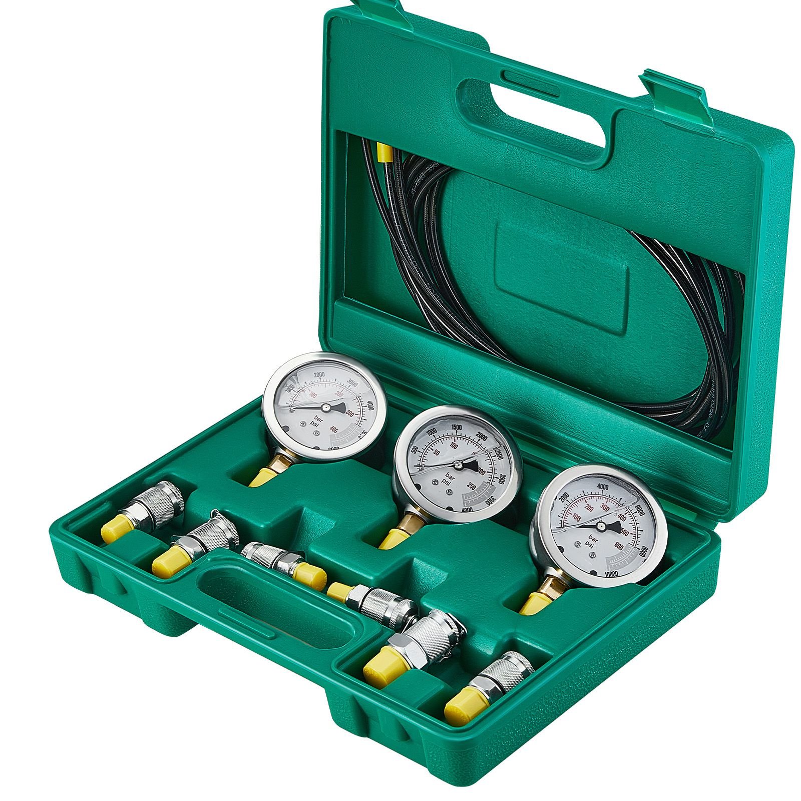 hydraulic pressure test kit, 250/400/600bar, 3 gauges 6 test couplings 3 test hoses, excavator hydraulic test gauge set with portable carrying case for excavator tractors construction machinery