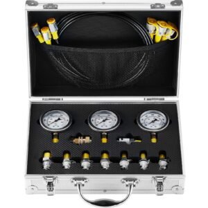 hydraulic pressure test kit, 250/400/600bar, 3 gauges 9 test couplings 3 test hoses, excavator hydraulic test gauge set with portable carrying case for excavator tractors construction machinery