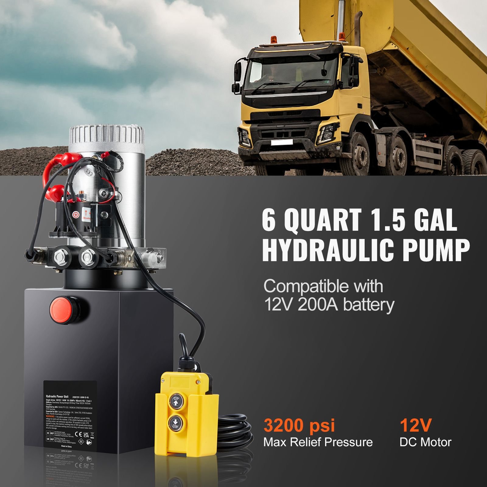 hydraulic pump, 6 quart hydraulic power unit, double acting dump trailer pump, 0.91 gpm flow rate, 3200 psi max relief pressure, dc 12v hydraulic pump for dump trailer car lifting