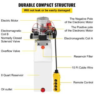 hydraulic pump, 8 quart/2 gal double acting dump trailer pump dc 12v, 3200 psi max relief pressure, electric hydraulic power unit for dump trailer car lifting (with 4pcs sae #6 connectors)
