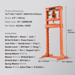 hydraulic shop press, 12 ton h frame hydraulic garage/shop floor press, adjustable shop press with press plates, heavy duty hydraulic press for garage, shop, workshop