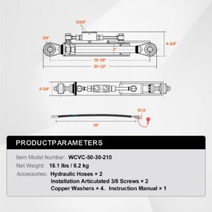 hydraulic top link cat.1 1 (8 1/4 in, 18 1/8~26 3/8 in ), hydraulic cylinder with 2 hoses & g3/8" check valve