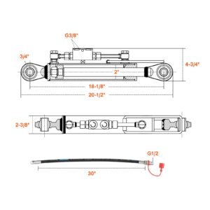 hydraulic top link cat.1 1 (8 1/4 in, 18 1/8~26 3/8 in ), hydraulic cylinder with 2 hoses & g3/8" check valve