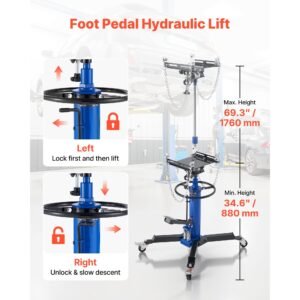 hydraulic transmission jack, 1322 lbs / 0.6 ton lifting capacity telescoping transmission jack with foot pedal, dual telescopic trans, 34.6 69.3 in high lifting height, garage/shop lift hoist