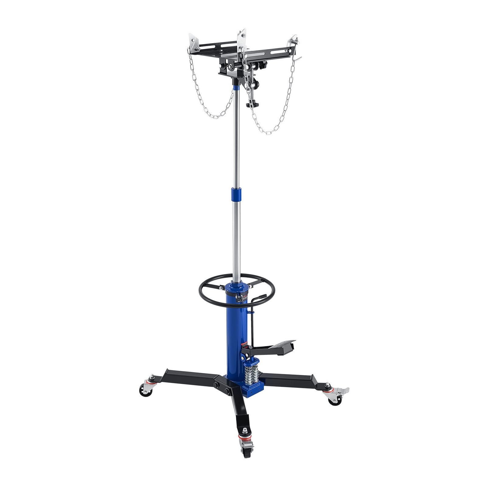 hydraulic transmission jack, 1322 lbs / 0.6 ton lifting capacity telescoping transmission jack with foot pedal, dual telescopic trans, 34.6 69.3 in high lifting height, garage/shop lift hoist