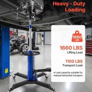 hydraulic transmission jack, 1660 lbs / 0.75 ton lifting capacity telescoping transmission jack with foot pedal, 360° swivel wheel, 34.6 69.3 in high lifting height, lift hoist for garage/shop
