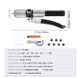 hydraulic tube expander, 3/8" to 1 1/8" od, havc hydraulic swaging tool with 7 pipe expander heads, deburring tool, pipe cutter for copper aluminum brass soft steel pipes