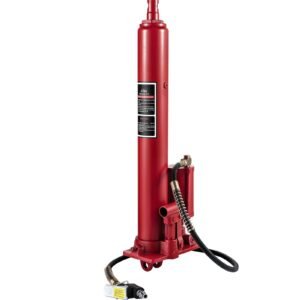 hydraulic/pneumatic long ram jack, 8 tons/17363 lbs capacity, with single piston pump and clevis base, manual cherry picker with handle, for garage/shop cranes, engine lift hoist, red