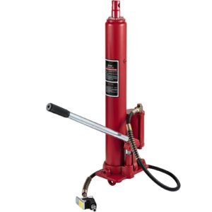 hydraulic/pneumatic long ram jack, 8 tons/17363 lbs capacity, with single piston pump and clevis base, manual cherry picker with handle, for garage/shop cranes, engine lift hoist, red