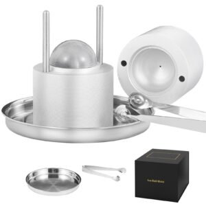 Ice Ball Press, 2.4" Ice Ball Maker, Aircraft Al Alloy Ice Ball Press Kit for 60mm Ice Sphere, Ice Press with Tong and Drip Tray, for Whiskey, Cocktail, Bourbon, Scot on Party & Holiday, Silver
