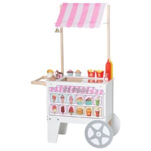 Ice Cream Cart for Kids, 20+ PCS Accessories, Pretend Play Ice Cream Shop Kitchen Food Toys with Ice Cream Cone & Popsicle, Awning & Freezer, Storage Drawers & Flipping Menus, For Kids Aged 3-7