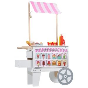 ice cream cart for kids, 20+ pcs accessories, pretend play ice cream shop kitchen food toys with ice cream cone & popsicle, awning & freezer, storage drawers & flipping menus, for kids aged 3 7