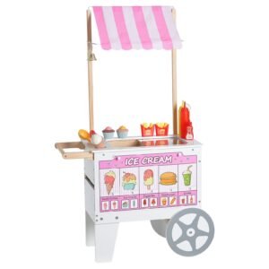 ice cream cart for kids, 20+ pcs accessories, pretend play ice cream shop kitchen food toys with ice cream cone & popsicle, awning & freezer, storage drawers & flipping menus, for kids aged 3 7