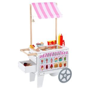 ice cream cart for kids, 20+ pcs accessories, pretend play ice cream shop kitchen food toys with ice cream cone & popsicle, awning & freezer, storage drawers & flipping menus, for kids aged 3 7