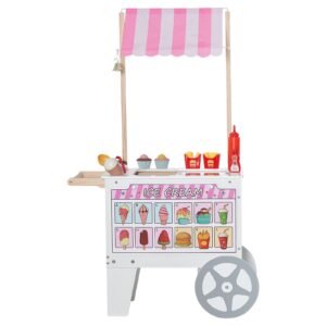 ice cream cart for kids, 20+ pcs accessories, pretend play ice cream shop kitchen food toys with ice cream cone & popsicle, awning & freezer, storage drawers & flipping menus, for kids aged 3 7