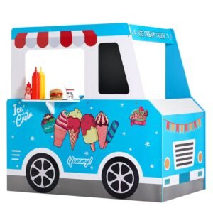 ice cream cart for kids, 20+ pcs ice cream truck wooden playset, pretend play stand with steering wheel & chalkboard, payment scanner & freezer, faucet & sink, suitable for kids 3 7 years old