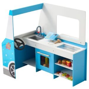 ice cream cart for kids, 20+ pcs ice cream truck wooden playset, pretend play stand with steering wheel & chalkboard, payment scanner & freezer, faucet & sink, suitable for kids 3 7 years old