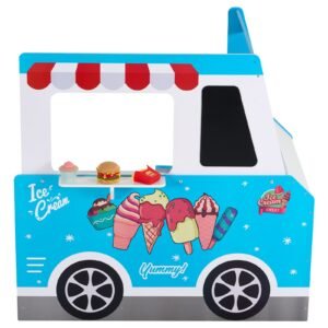 ice cream cart for kids, 20+ pcs ice cream truck wooden playset, pretend play stand with steering wheel & chalkboard, payment scanner & freezer, faucet & sink, suitable for kids 3 7 years old