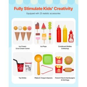 ice cream cart for kids, 20+ pcs ice cream truck wooden playset, pretend play stand with steering wheel & chalkboard, payment scanner & freezer, faucet & sink, suitable for kids 3 7 years old