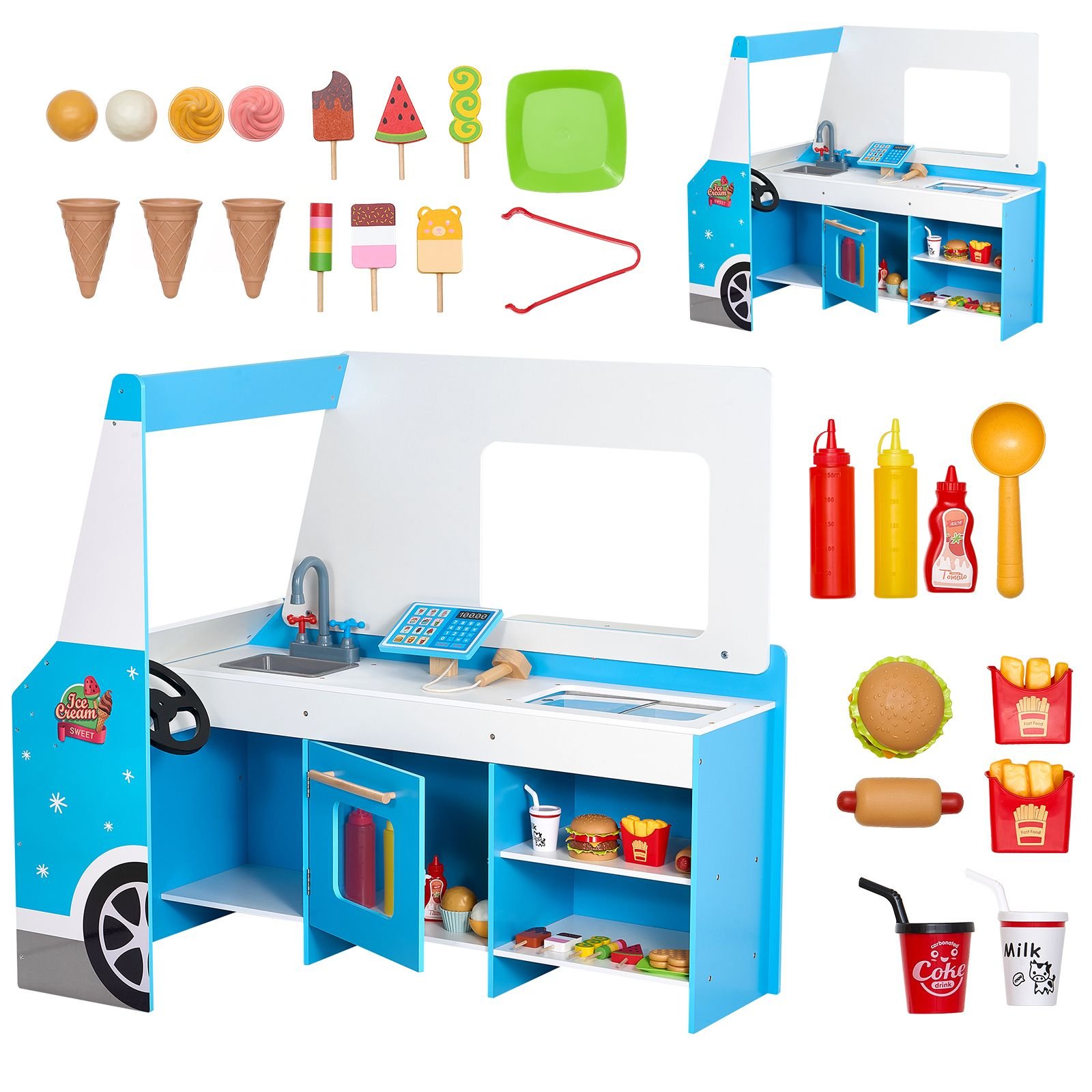 ice cream cart for kids, 20+ pcs ice cream truck wooden playset, pretend play stand with steering wheel & chalkboard, payment scanner & freezer, faucet & sink, suitable for kids 3 7 years old