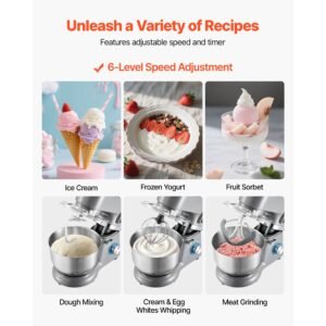 ice cream maker, 1.8 qt. capacity, 6 speed electric stand mixer, with led digital display & timer, mixing paddle, dough hook, splash guard, for homemade frozen yogurt fruit sorbet gelato, grey