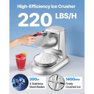ice crusher machine, 220lbs per hour electric 4 blades snow cone maker, stainless steel shaved ice machine with bowl and cover, 300w 2000rpm ice shaver for home and commercial use, silver