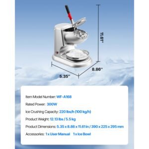ice crusher machine, 220lbs per hour electric 4 blades snow cone maker, stainless steel shaved ice machine with bowl and cover, 300w 2000rpm ice shaver for home and commercial use, silver