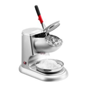 ice crusher machine, 220lbs per hour electric 4 blades snow cone maker, stainless steel shaved ice machine with bowl and cover, 300w 2000rpm ice shaver for home and commercial use, silver