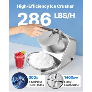 ice crusher machine, 286lbs per hour electric 4 blades snow cone maker, stainless steel shaved ice machine with bowl and cover, 300w 2000rpm ice shaver for home and commercial use, silver