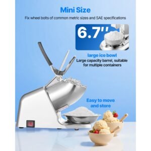 ice crusher machine, 286lbs per hour electric 4 blades snow cone maker, stainless steel shaved ice machine with bowl and cover, 300w 2000rpm ice shaver for home and commercial use, silver