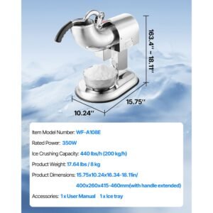 ice crusher machine, 440lbs per hour electric 4 blades snow cone maker, all stainless steel shaved ice machine with bowl and cover, 350w 1400rpm ice shaver for home and commercial use, silver