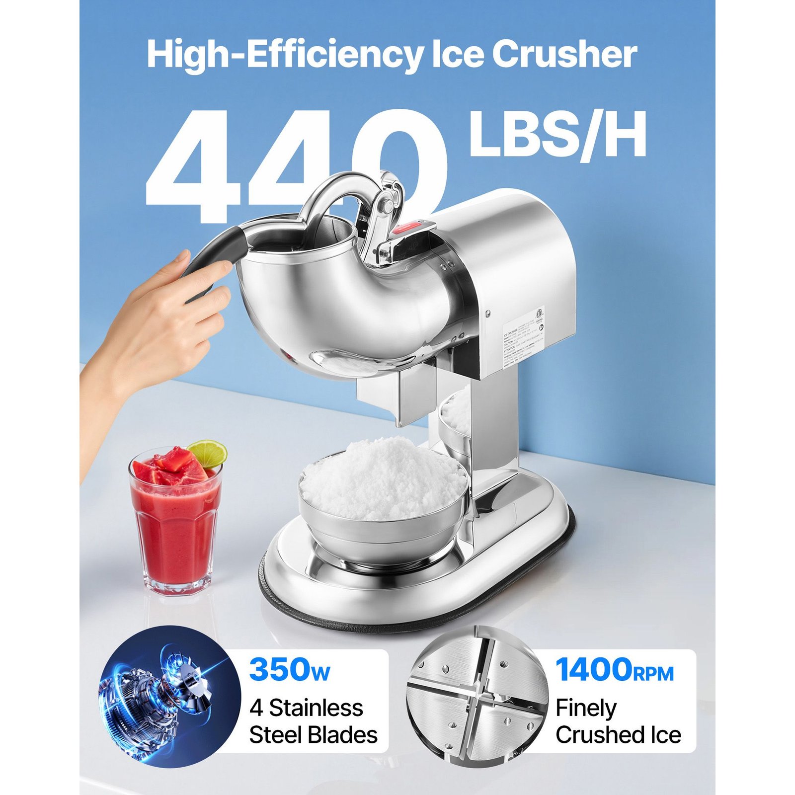 ice crusher machine, 440lbs per hour electric 4 blades snow cone maker, all stainless steel shaved ice machine with bowl and cover, 350w 1400rpm ice shaver for home and commercial use, silver