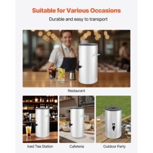ice tea dispenser, 4 gal/15l 304 stainless steel beverage dispenser with spigot & handle, suitable for hot and cold drinks, for iced tea coffee water in cafes & restaurants