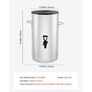 ice tea dispenser, 4 gal/15l 304 stainless steel beverage dispenser with spigot & handle, suitable for hot and cold drinks, for iced tea coffee water in cafes & restaurants