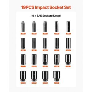 impact socket set, 1/2" 19 piece impact sockets, deep socket, 6 point sockets, 1/2 inches drive socket set impact 3/8 inch 1 1/2 inch, cr v rugged construction, with a storage cage