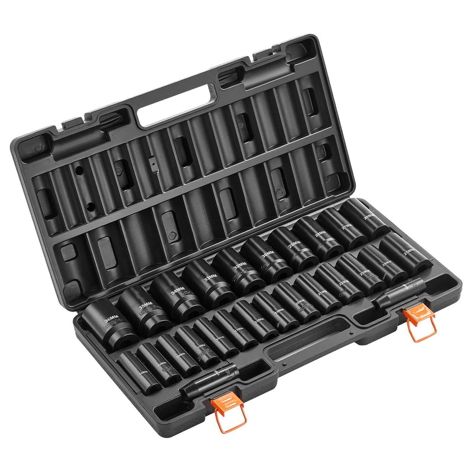 impact socket set, 1/2" drive, 26 piece impact sockets, 6 point sockets, metric 10 30 mm, 32 36 mm, easy to identify, with a sturdy storage case, cr v alloy steel structure, for vehicles repair