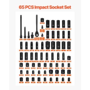 impact socket set, 1/2" drive, 65 piece socket set, 6 point sockets, sae 3/8" to 1 1/4" and metric 10 24 mm, easy to identify, with a sturdy storage case, cr v alloy steel for vehicles repair