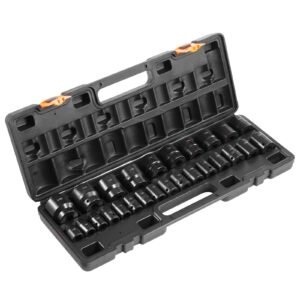 impact socket set 1/2 inches 26 piece impact sockets, shallow socket, 6 point sockets, rugged construction, cr v, 1/2 inches drive socket set impact metric 10mm 36mm, with a storage cage