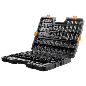 impact socket set 130 piece 3/8" & 1/2" sae & metric drive socket set 6 point cr mo alloy steel for auto repair easy to read size markings includes storage case