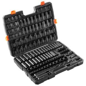 impact socket set 130 piece 3/8" & 1/2" sae & metric drive socket set 6 point cr mo alloy steel for auto repair easy to read size markings includes storage case