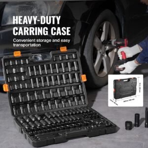 impact socket set 130 piece 3/8" & 1/2" sae & metric drive socket set 6 point cr mo alloy steel for auto repair easy to read size markings includes storage case