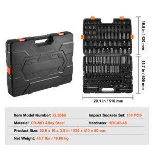 impact socket set 130 piece 3/8" & 1/2" sae & metric drive socket set 6 point cr mo alloy steel for auto repair easy to read size markings includes storage case