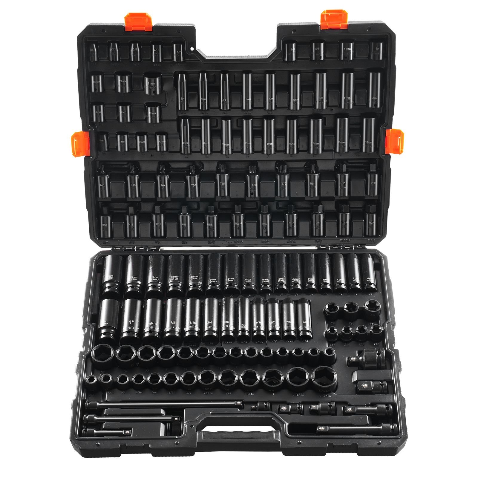 impact socket set 130 piece 3/8" & 1/2" sae & metric drive socket set 6 point cr mo alloy steel for auto repair easy to read size markings includes storage case
