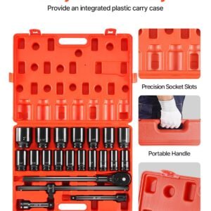 impact socket set 3/4 inches 22 piece deep impact sockets, socket assortment 3/4 inches drive socket set impact standard sae sizes 7/8 inches to 2 inches includes adapters and ratchet handle
