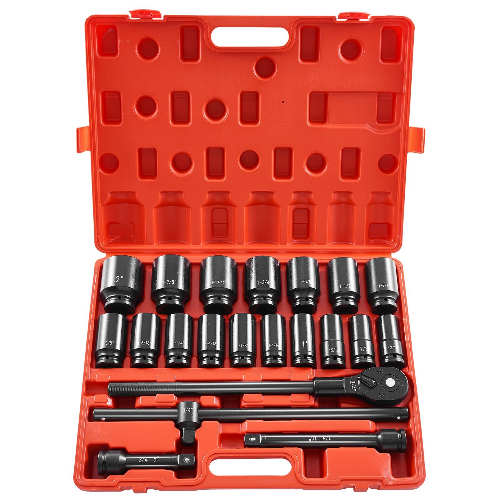 impact socket set 3/4 inches 22 piece deep impact sockets, socket assortment 3/4 inches drive socket set impact standard sae sizes 7/8 inches to 2 inches includes adapters and ratchet handle