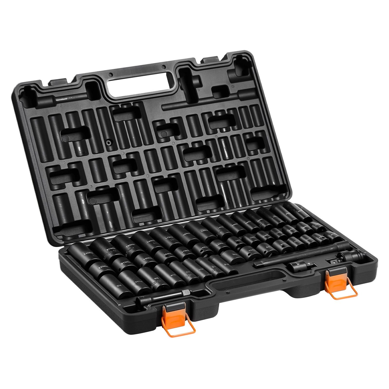 impact socket set, 3/8" drive, 48 piece socket set, 6 point sockets, sae 5/16" 3/4" and metric 8 19 mm, 21 22 mm, easy to identify, cr v alloy steel, extension bar, adapter and storage cage
