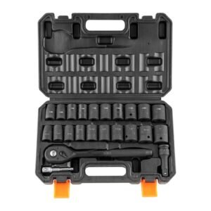 Impact Socket Set with 1/2" Drive, Comprising 23 Pieces in SAE (7/16" -1") & Metric Measurements, 6 Point Cr-V Alloy Steel, Includes Ratchet Handle and Durable Storage Case